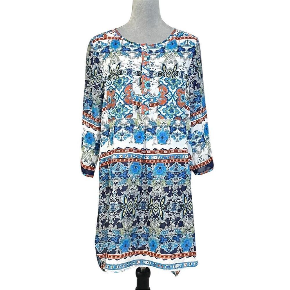 Figueroa & Flower Floral Geometric Tunic Top Blouse Dress Semi Sheer L Summer